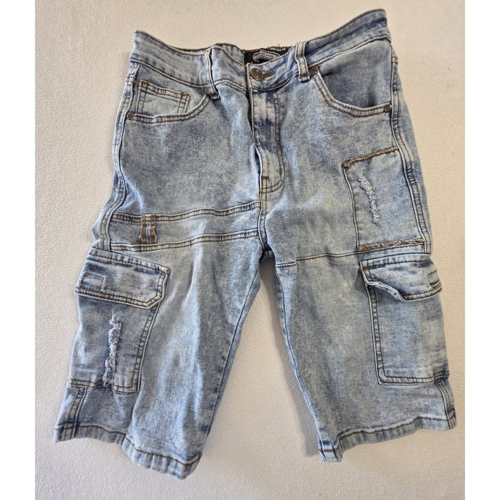 GS115 Men's Cargo Denim Shorts Size 18 Light Wash Stretch Distressed Utility